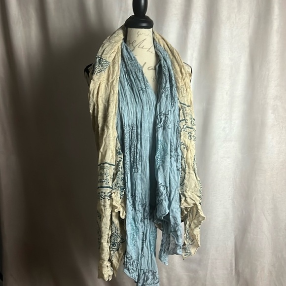Two World Market Scarves Shawls Blue and Cream color with Sanskrit alike writing - Picture 1 of 4